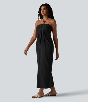 Halter Tie Back Built-in Bra Maxi Resort Linen-Feel Dress with Pockets Halter Tie Back Built-in Bra Maxi Resort Linen-Feel Dress with Pockets