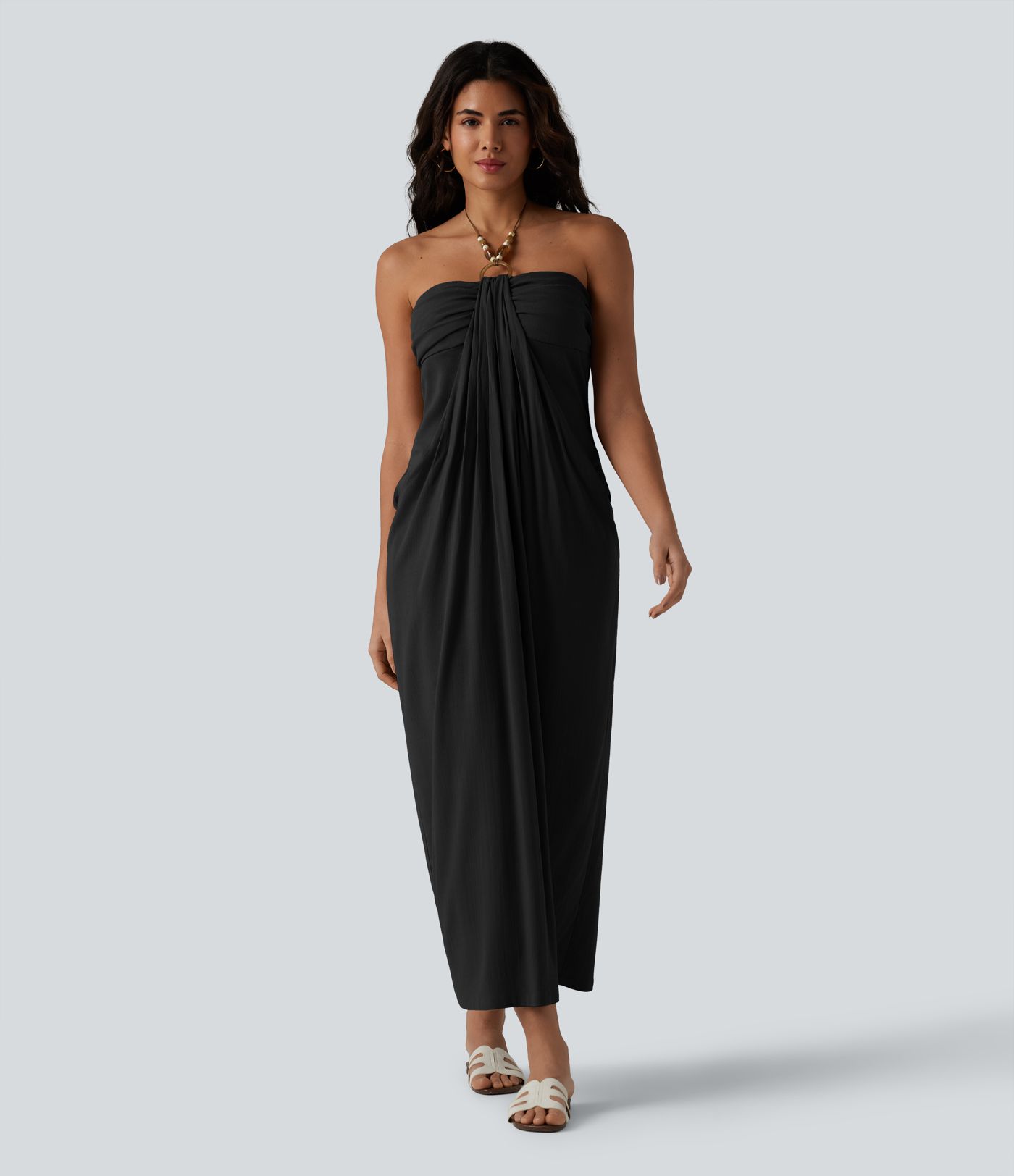 Halter Tie Back Built-in Bra Maxi Resort Linen-Feel Dress with Pockets Halter Tie Back Built-in Bra Maxi Resort Linen-Feel Dress with Pockets
