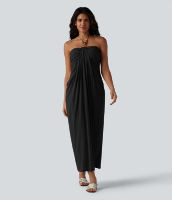 Halter Tie Back Built-in Bra Maxi Resort Linen-Feel Dress with Pockets Halter Tie Back Built-in Bra Maxi Resort Linen-Feel Dress with Pockets