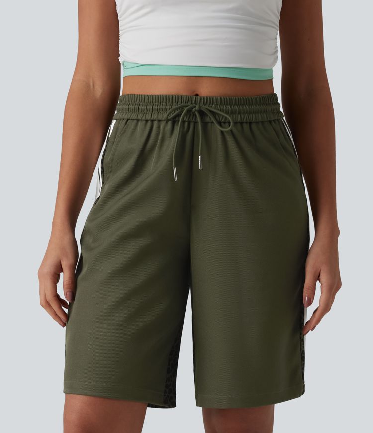 Mid Rise Drawstring Color Block Stripes Contrast Leopard Casual Baggy Shorts 10'' with Pockets