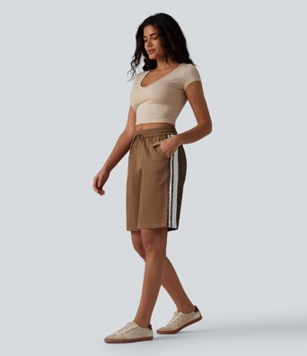 Lässige Baggyy-Shorts mit mittelhohem Bund, mehreren Taschen, Kordelzug, Leopardenmuster, Streifen und Farbblock - 25,4 cm