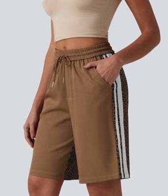 Lässige Baggyy-Shorts mit mittelhohem Bund, mehreren Taschen, Kordelzug, Leopardenmuster, Streifen und Farbblock - 25,4 cm