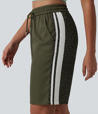 Mid Rise Drawstring Color Block Stripes Contrast Leopard Casual Baggy Shorts 10'' with Pockets