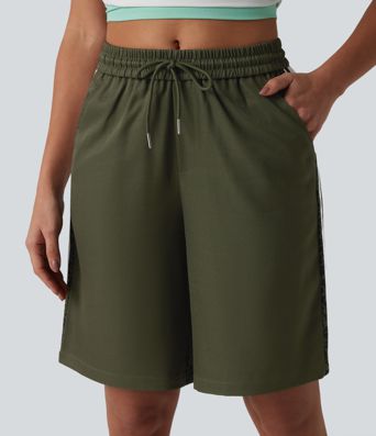 Mid Rise Drawstring Color Block Stripes Contrast Leopard Casual Baggy Shorts 10'' with Pockets