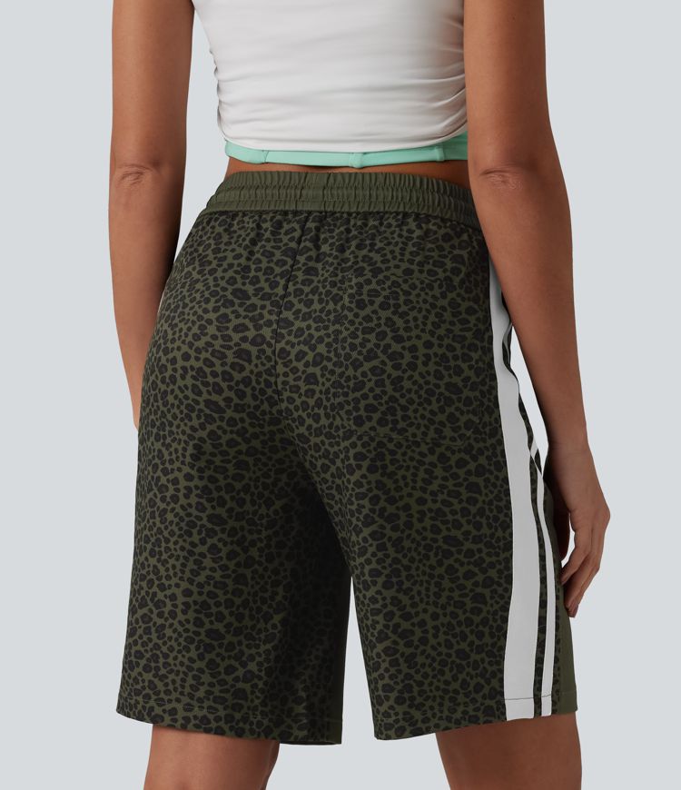 Mid Rise Drawstring Color Block Stripes Contrast Leopard Casual Baggy Shorts 10'' with Pockets