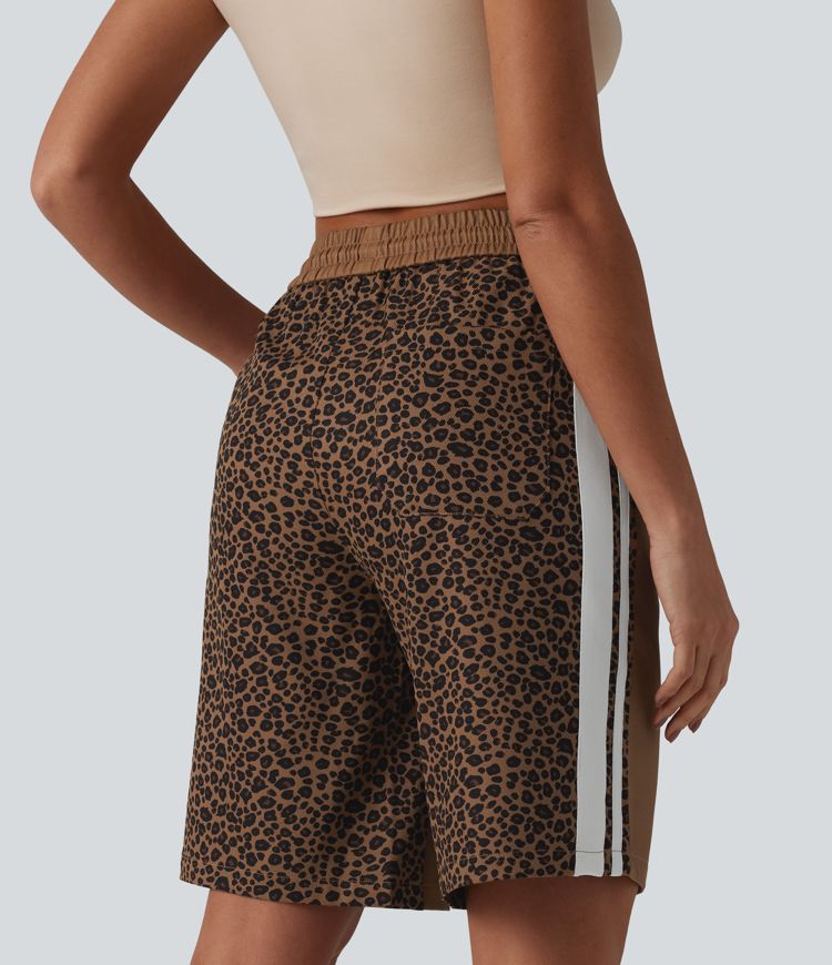 Lässige Baggyy-Shorts mit mittelhohem Bund, mehreren Taschen, Kordelzug, Leopardenmuster, Streifen und Farbblock - 25,4 cm