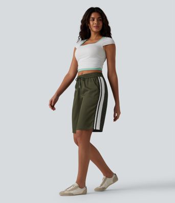 Mid Rise Drawstring Color Block Stripes Contrast Leopard Casual Baggy Shorts 10'' with Pockets