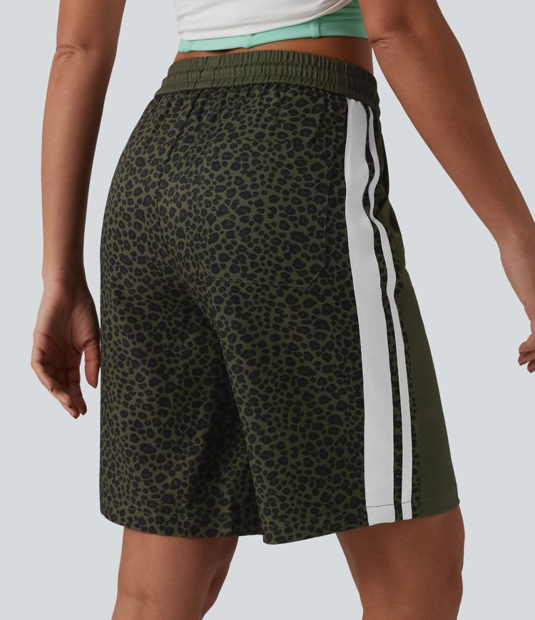 Mid Rise Drawstring Color Block Stripes Contrast Leopard Casual Baggy Shorts 10'' with Pockets