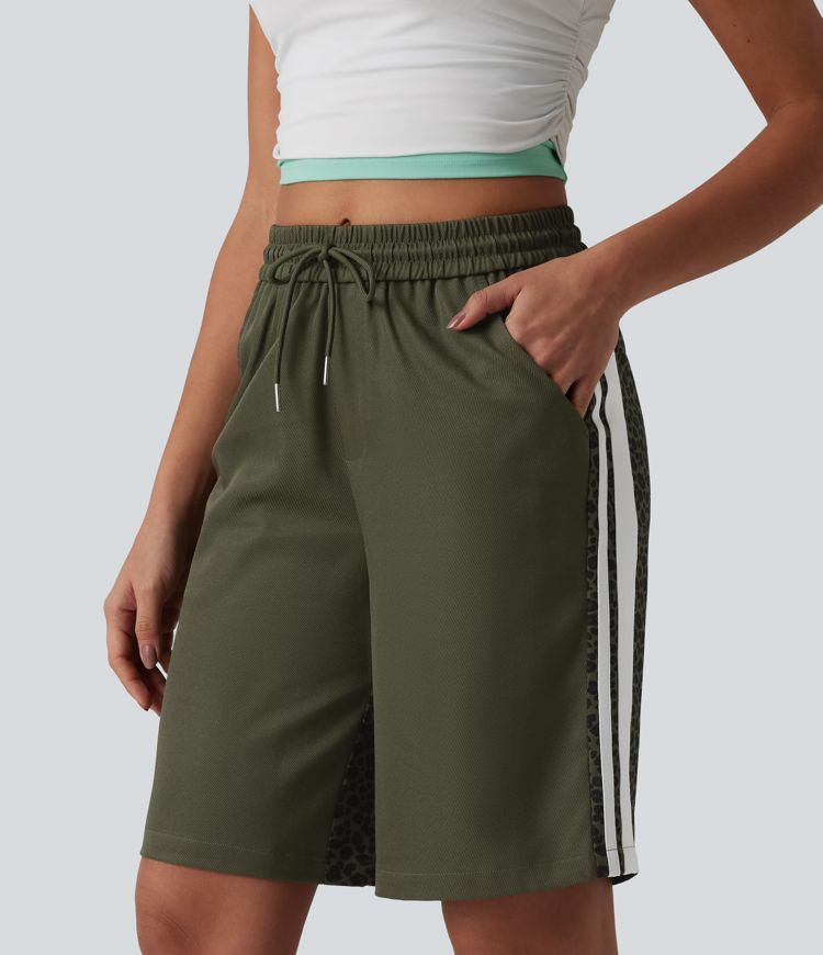 Mid Rise Drawstring Color Block Stripes Contrast Leopard Casual Baggy Shorts 10'' with Pockets