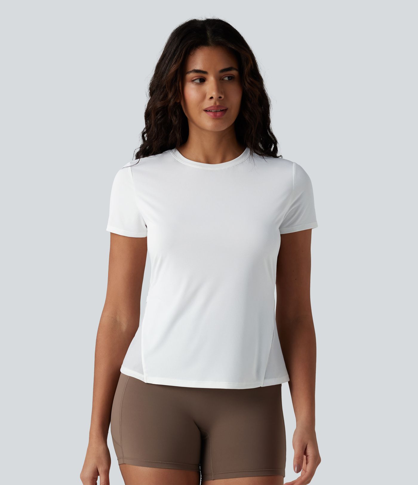 Haut de sport de course à col rond et manches courtes en maille contrastée