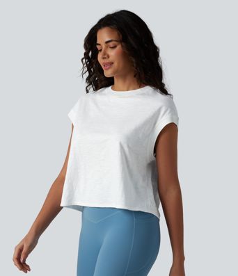 Round Neck Short Sleeve Relaxed Yoga Slubbed Cotton Sports Top
