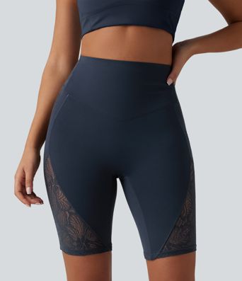 Halara UltraSculpt™ High Waisted Tummy Control Contrast Lace Yoga Biker Shorts 9'' with Pocket Halara UltraSculpt™ High Waisted Tummy Control Contrast Lace Yoga Biker Shorts 9'' with Pocket