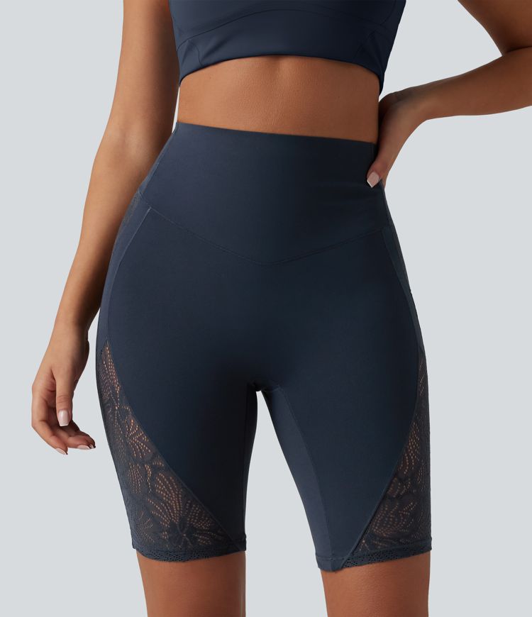 Halara UltraSculpt™ High Waisted Tummy Control Contrast Lace Yoga Biker Shorts 9'' with Pocket Halara UltraSculpt™ High Waisted Tummy Control Contrast Lace Yoga Biker Shorts 9'' with Pocket