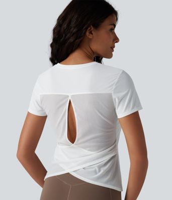 Haut de sport de course à col rond et manches courtes en maille contrastée