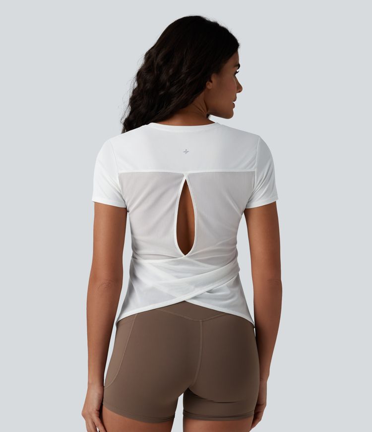 Haut de sport de course à col rond et manches courtes en maille contrastée