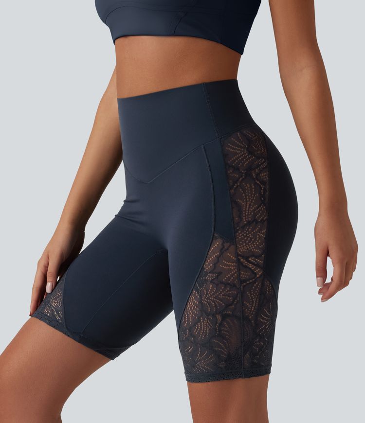 Halara UltraSculpt™ High Waisted Tummy Control Contrast Lace Yoga Biker Shorts 9'' with Pocket Halara UltraSculpt™ High Waisted Tummy Control Contrast Lace Yoga Biker Shorts 9'' with Pocket