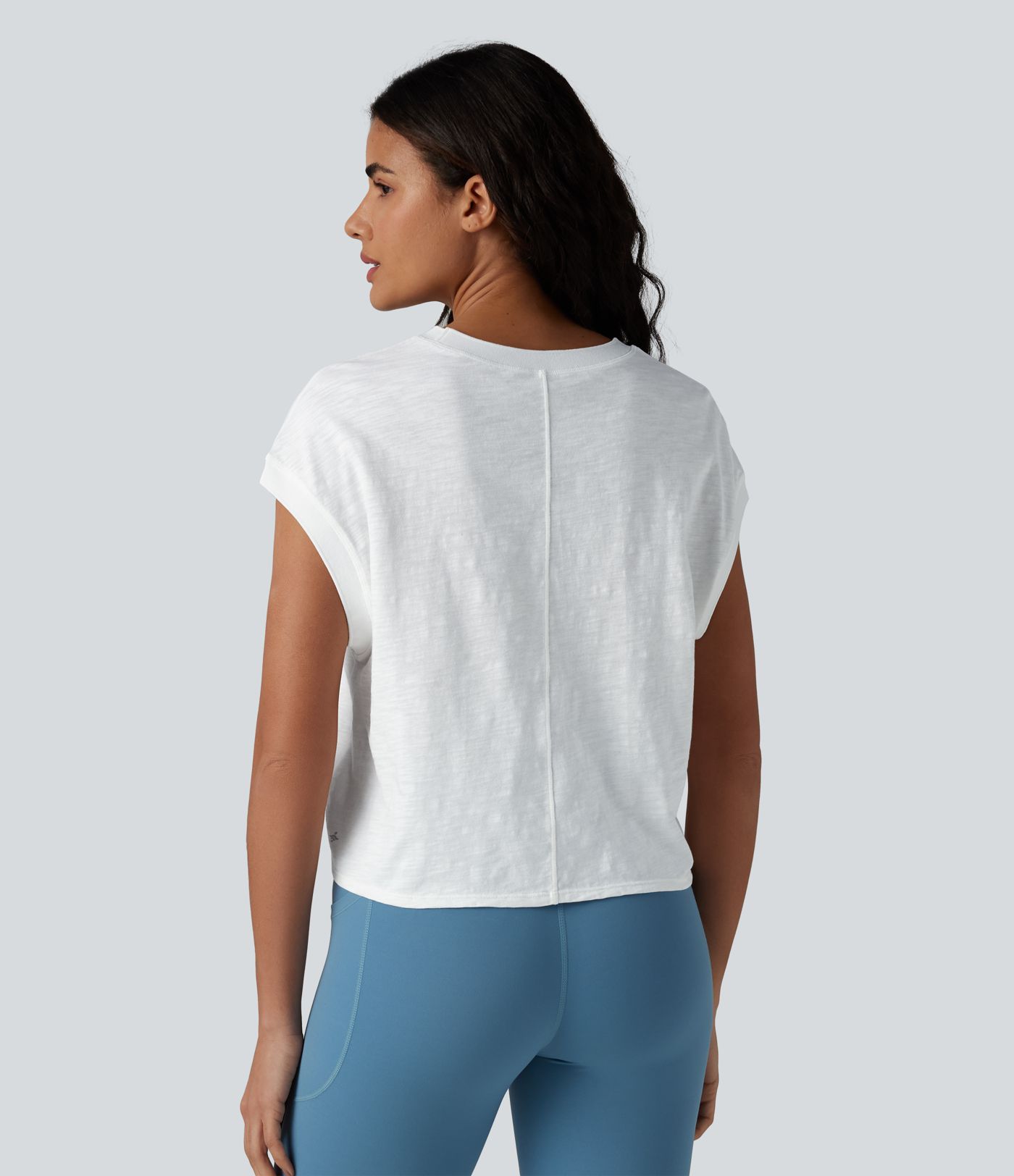 Round Neck Short Sleeve Relaxed Yoga Slubbed Cotton Sports Top