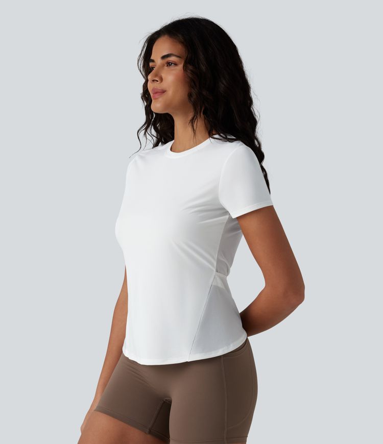 Haut de sport de course à col rond et manches courtes en maille contrastée