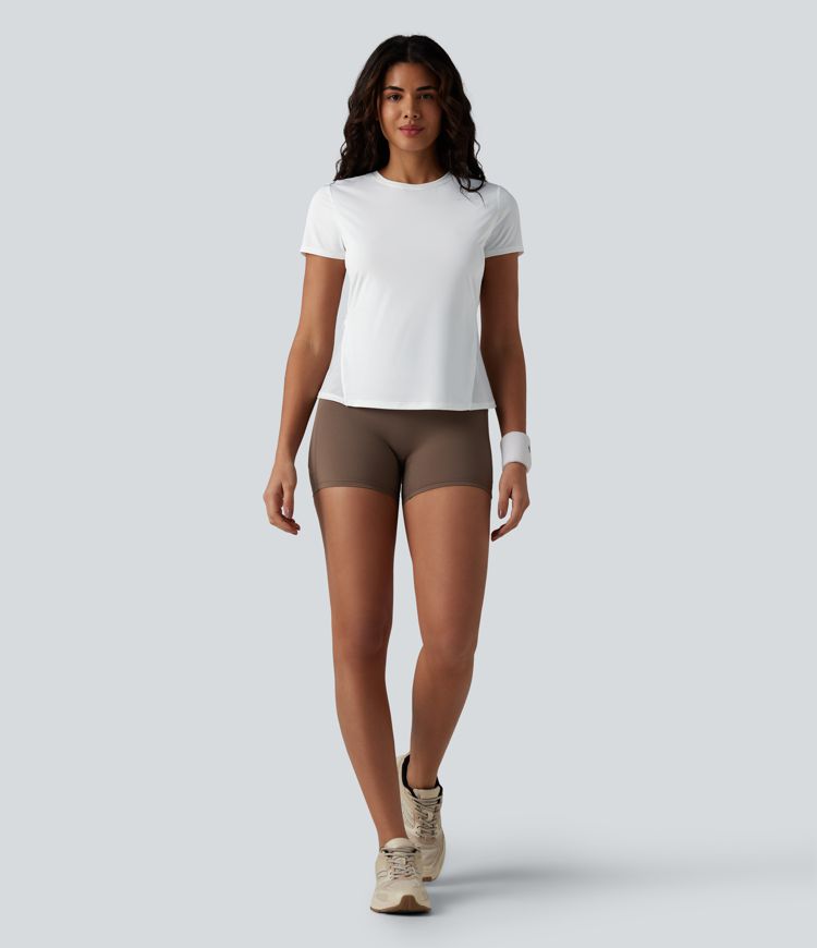 Haut de sport de course à col rond et manches courtes en maille contrastée