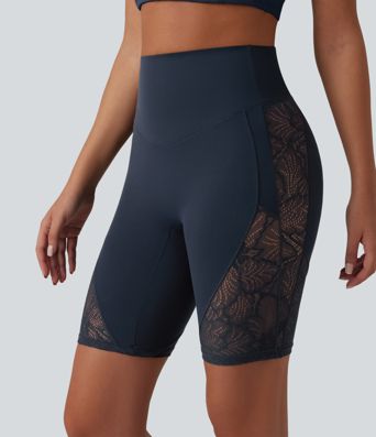 Halara UltraSculpt™ High Waisted Tummy Control Contrast Lace Yoga Biker Shorts 9'' with Pocket Halara UltraSculpt™ High Waisted Tummy Control Contrast Lace Yoga Biker Shorts 9'' with Pocket