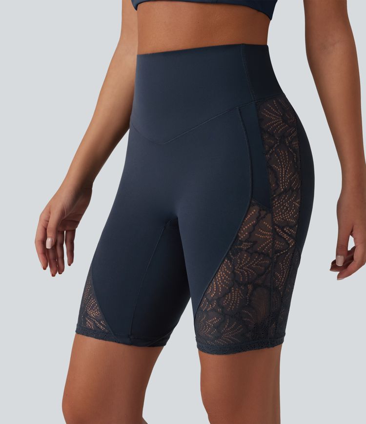 Halara UltraSculpt™ High Waisted Tummy Control Contrast Lace Yoga Biker Shorts 9'' with Pocket Halara UltraSculpt™ High Waisted Tummy Control Contrast Lace Yoga Biker Shorts 9'' with Pocket