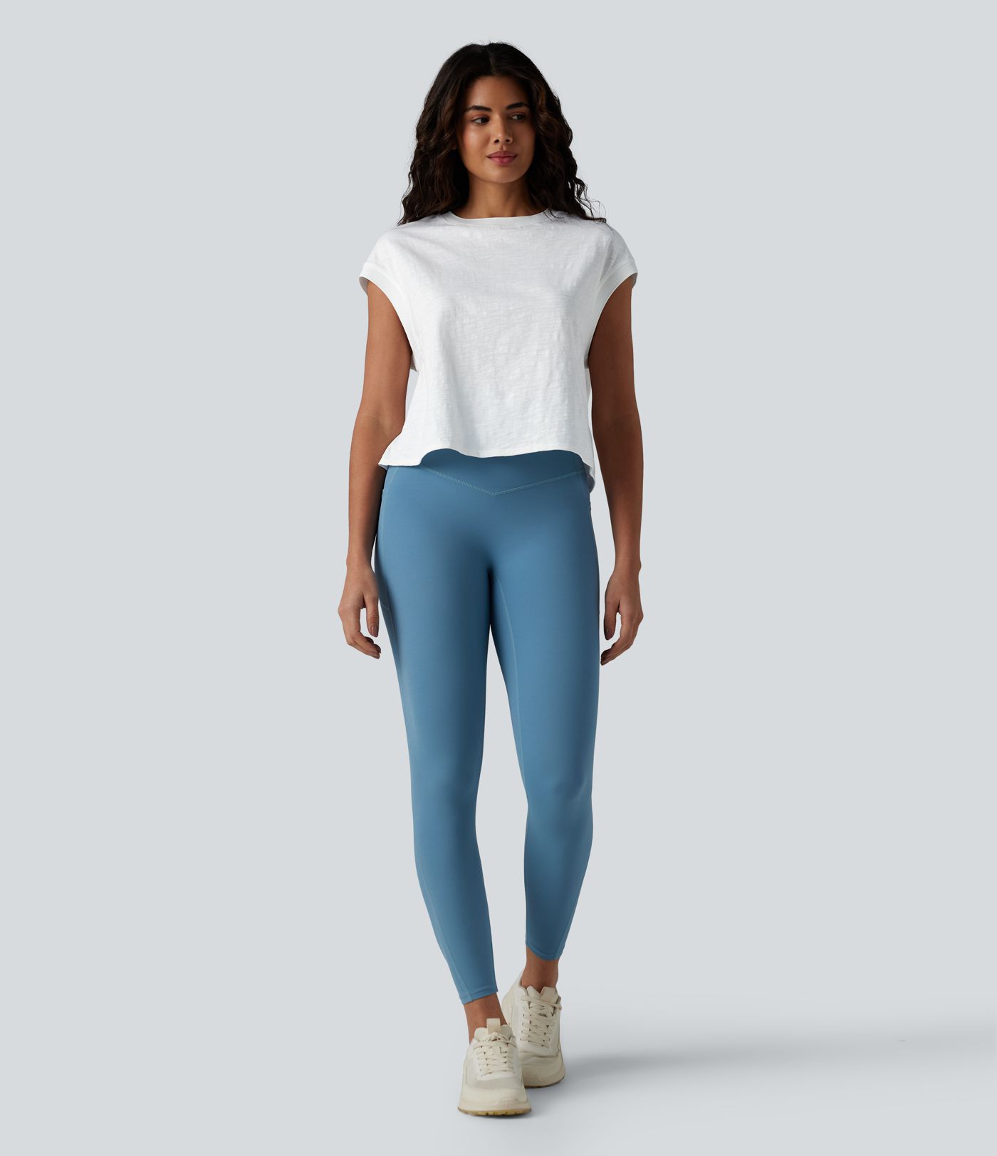 Round Neck Short Sleeve Relaxed Yoga Slubbed Cotton Sports Top