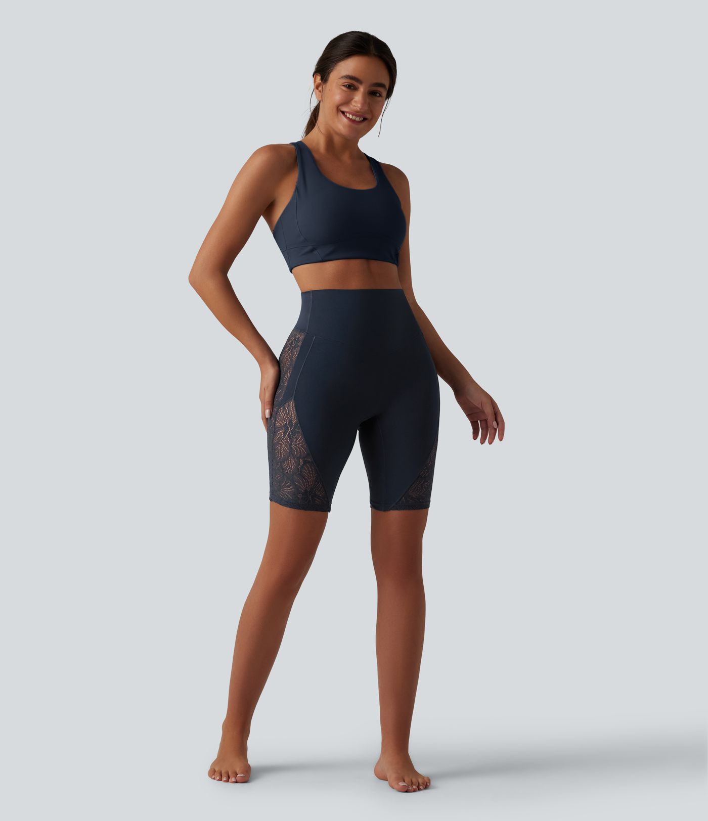 Halara UltraSculpt™ High Waisted Tummy Control Contrast Lace Yoga Biker Shorts 9'' with Pocket Halara UltraSculpt™ High Waisted Tummy Control Contrast Lace Yoga Biker Shorts 9'' with Pocket