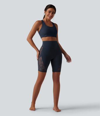 Halara UltraSculpt™ High Waisted Tummy Control Contrast Lace Yoga Biker Shorts 9'' with Pocket Halara UltraSculpt™ High Waisted Tummy Control Contrast Lace Yoga Biker Shorts 9'' with Pocket