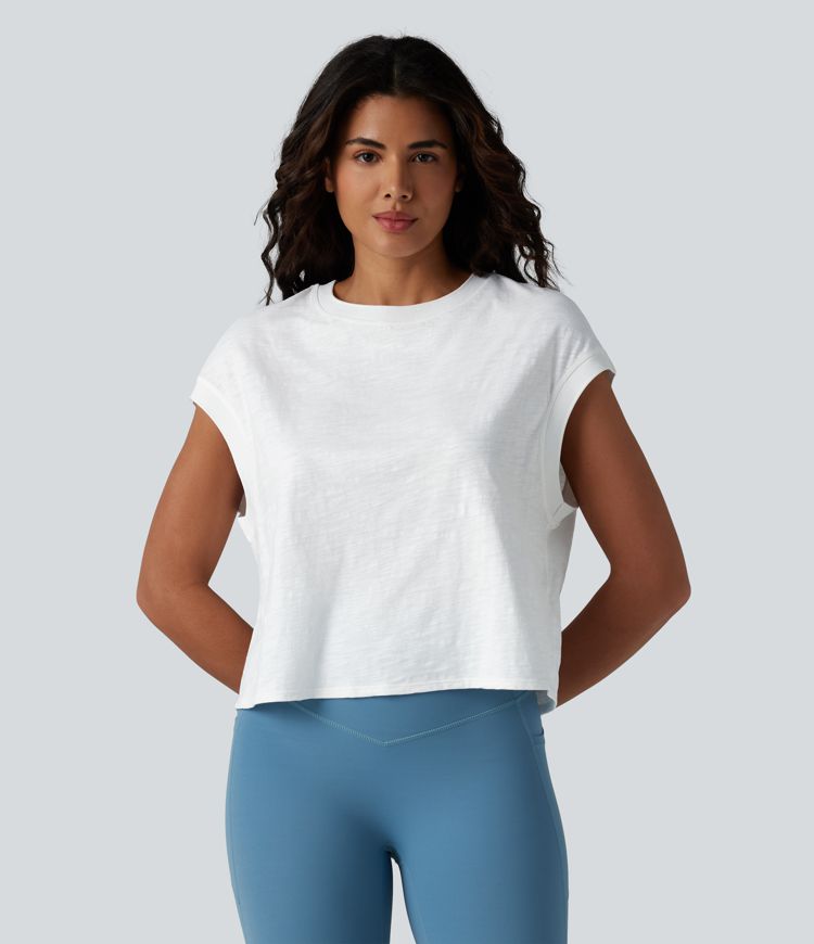 Round Neck Short Sleeve Relaxed Yoga Slubbed Cotton Sports Top