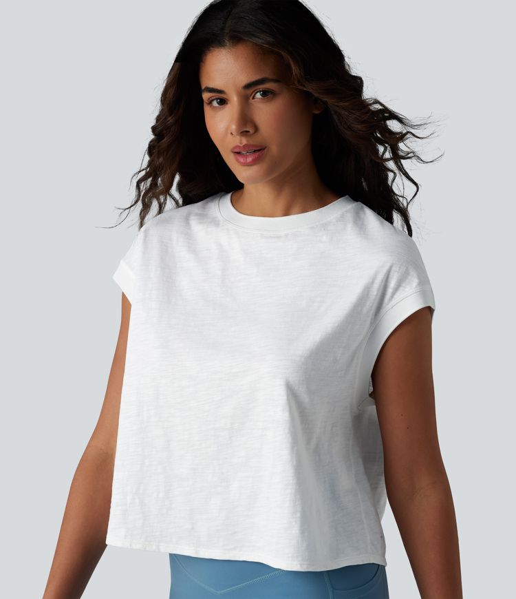 Crew Neck Short Sleeve Relaxed Yoga Slubbed Cotton Sports Top Crew Neck Short Sleeve Relaxed Yoga Slubbed Cotton Sports Top