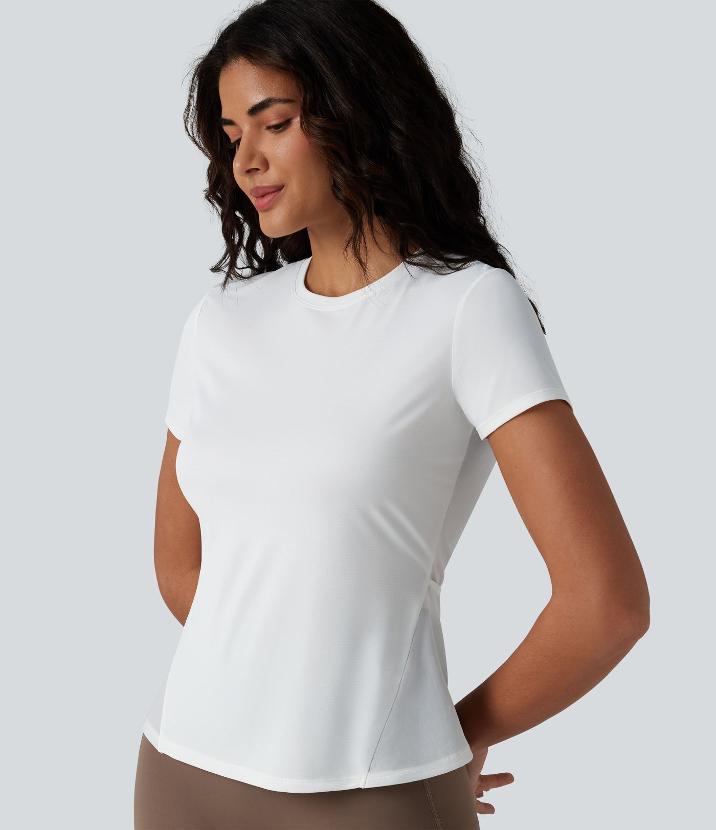 Haut de sport de course à col rond et manches courtes en maille contrastée