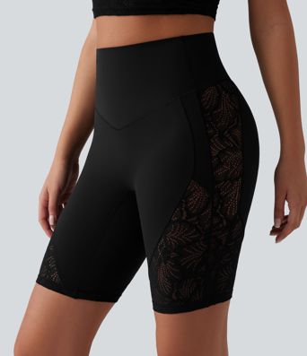 Short cycliste de yoga Halara UltraSculpt™ taille haute, gainant, en dentelle contrastée, 23 cm, avec poche