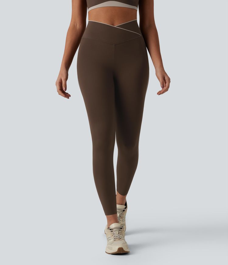 High Waisted Crossover Tummy Control Color Block Hiking Leggings with Pocket