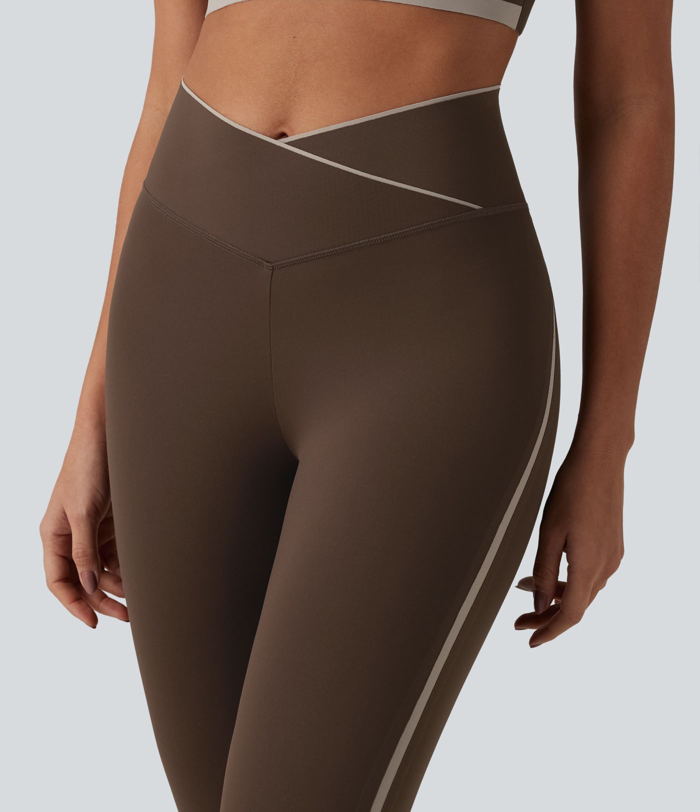 High Waisted Crossover Tummy Control Color Block Hiking Leggings with Pocket