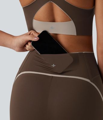 High Waisted Crossover Tummy Control Color Block Hiking Leggings with Pocket