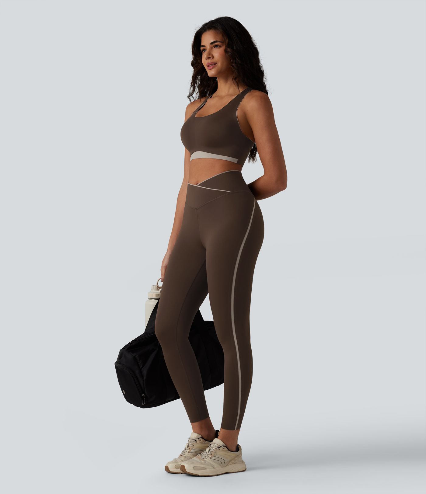 High Waisted Crossover Tummy Control Color Block Hiking Leggings with Pocket