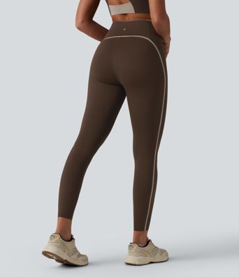 High Waisted Crossover Tummy Control Color Block Hiking Leggings with Pocket