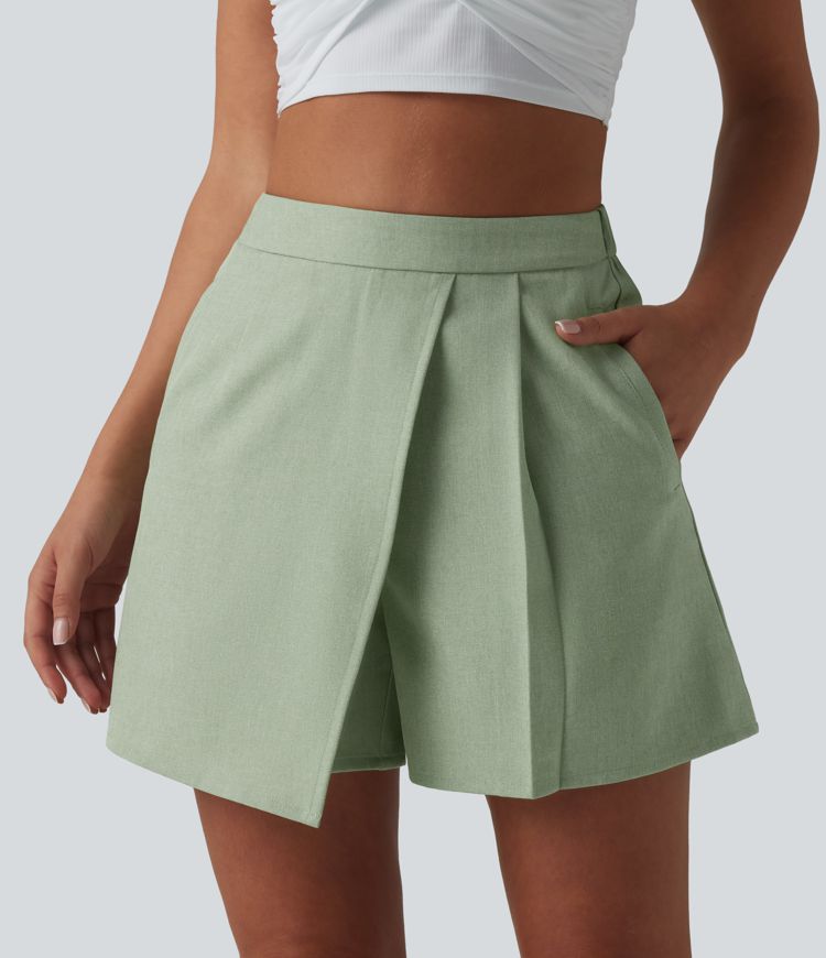 Wrinkle-resistant High Waisted Pleated Casual Linen-Feel Skort with Pockets