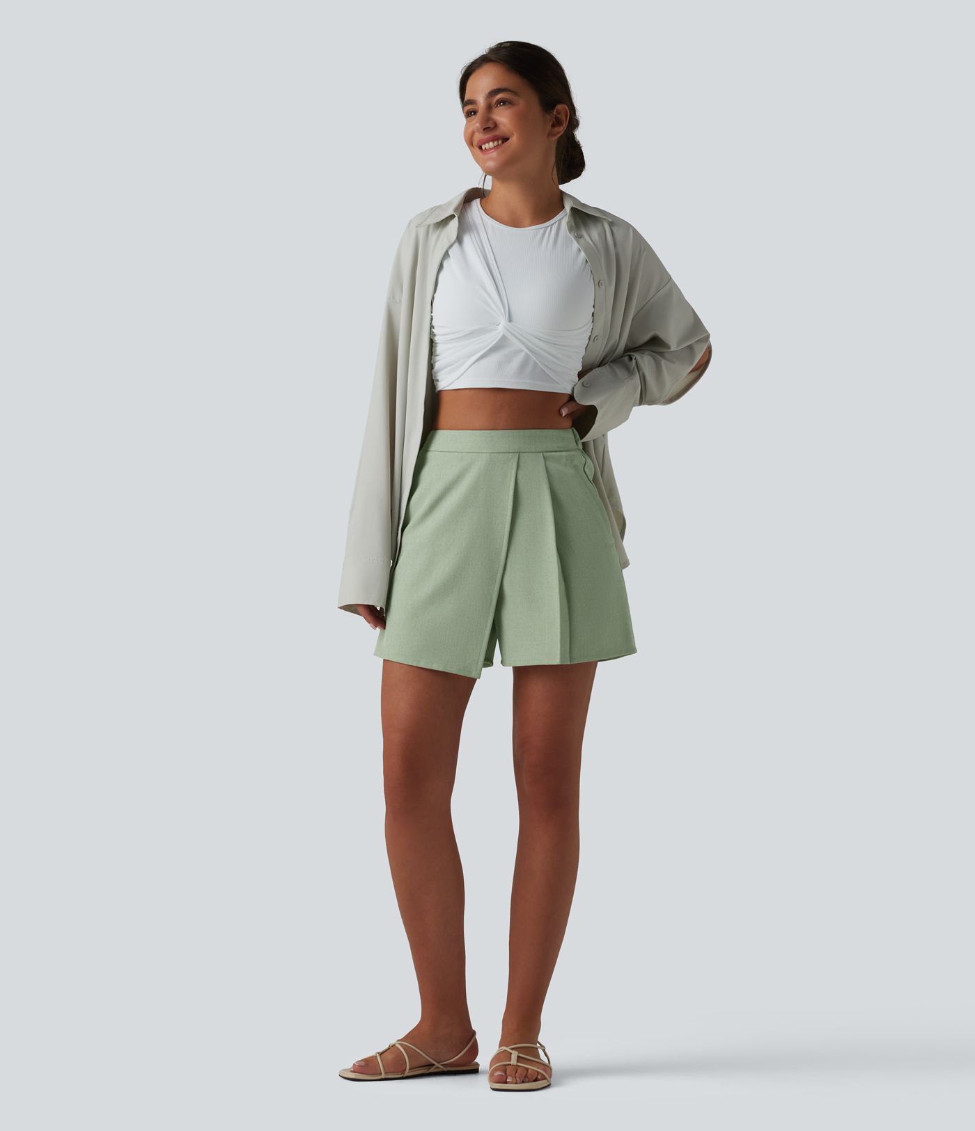 Wrinkle-resistant High Waisted Pleated Casual Linen-Feel Skort with Pockets