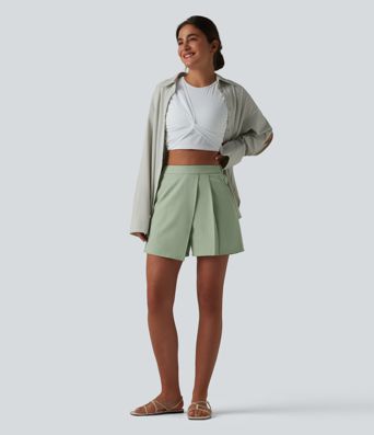 Wrinkle-resistant High Waisted Pleated Casual Linen-Feel Skort with Pockets
