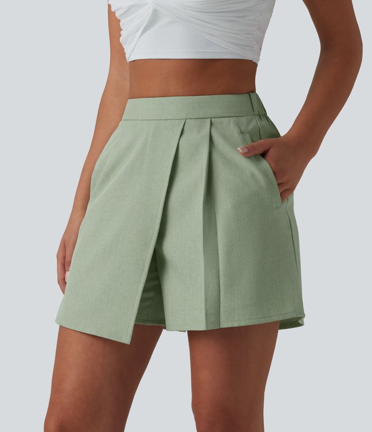 Wrinkle-resistant High Waisted Pleated Casual Linen-Feel Skort with Pockets