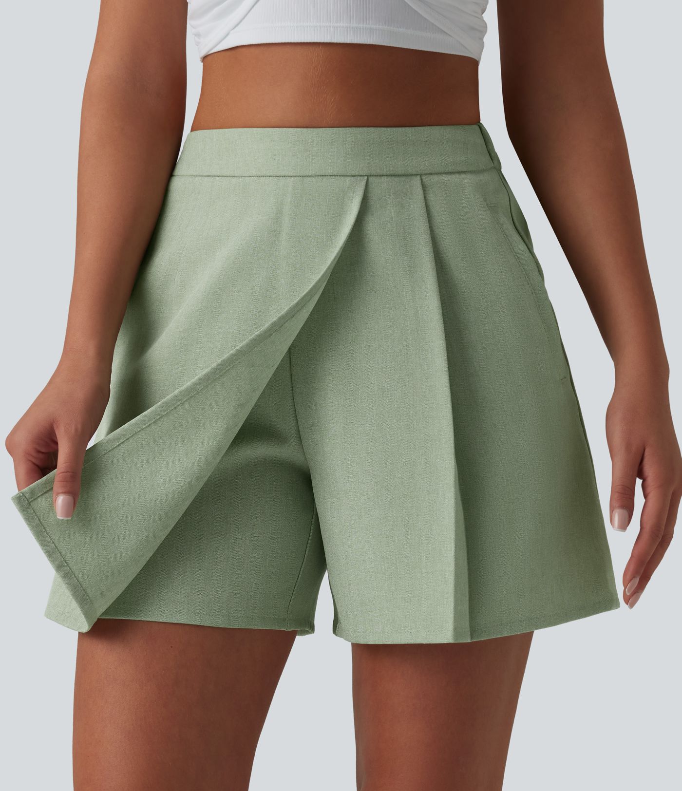 Wrinkle-resistant High Waisted Pleated Casual Linen-Feel Skort with Pockets