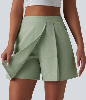 Wrinkle-resistant High Waisted Pleated Casual Linen-Feel Skort with Pockets