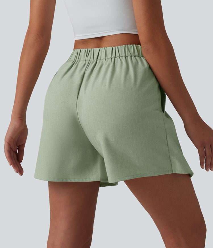 Wrinkle-resistant High Waisted Pleated Casual Linen-Feel Skort with Pockets