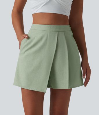Wrinkle-resistant High Waisted Pleated Casual Linen-Feel Skort with Pockets
