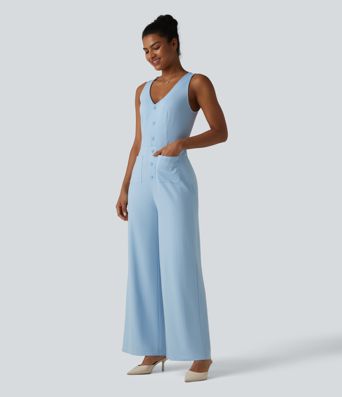 V Neck Sleeveless Cut Out Front Pockets Wide Leg Stripe Cool Touch Work Jumpsuit