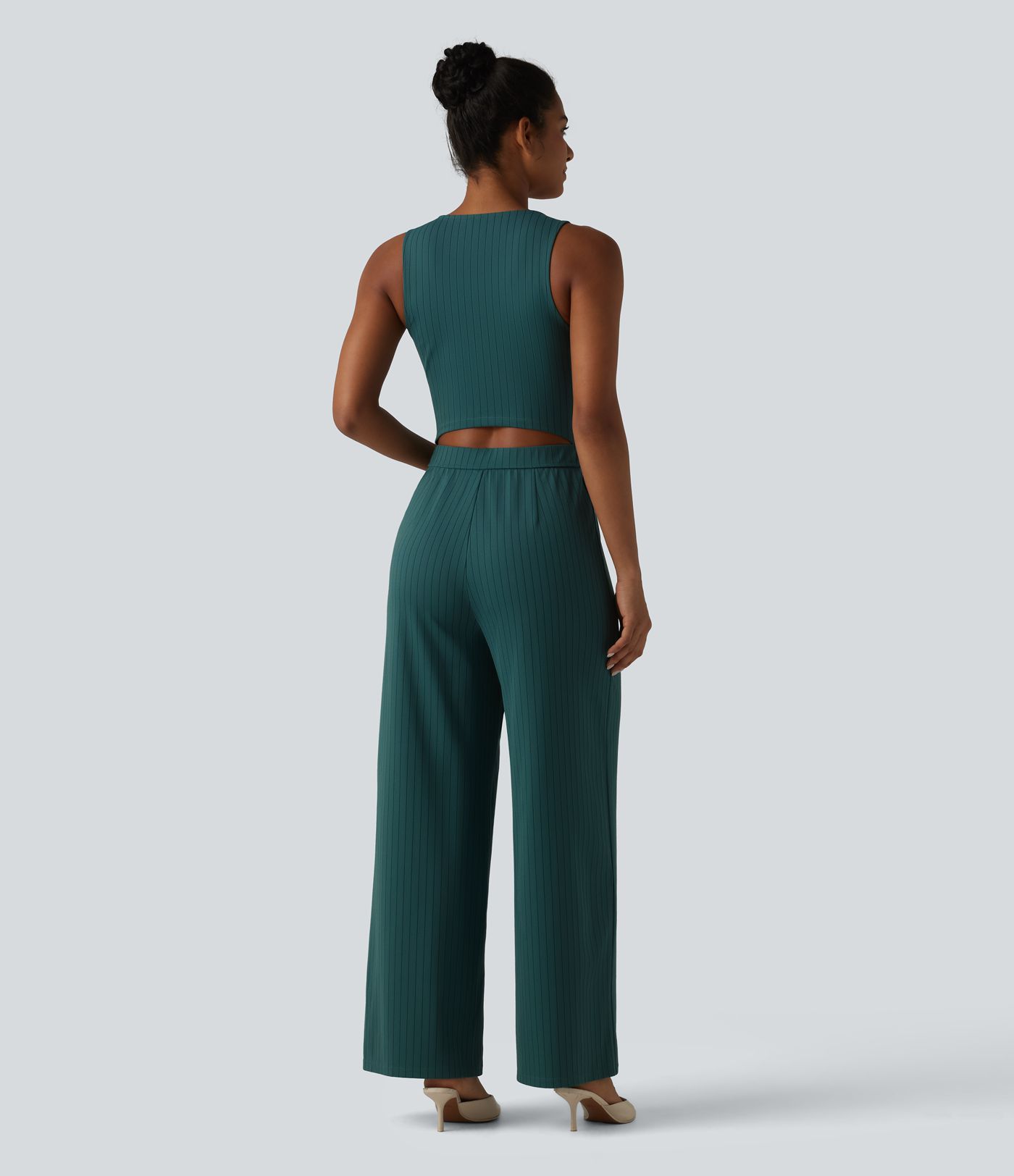 V Neck Sleeveless Cut Out Front Pockets Wide Leg Stripe Cool Touch Work Jumpsuit