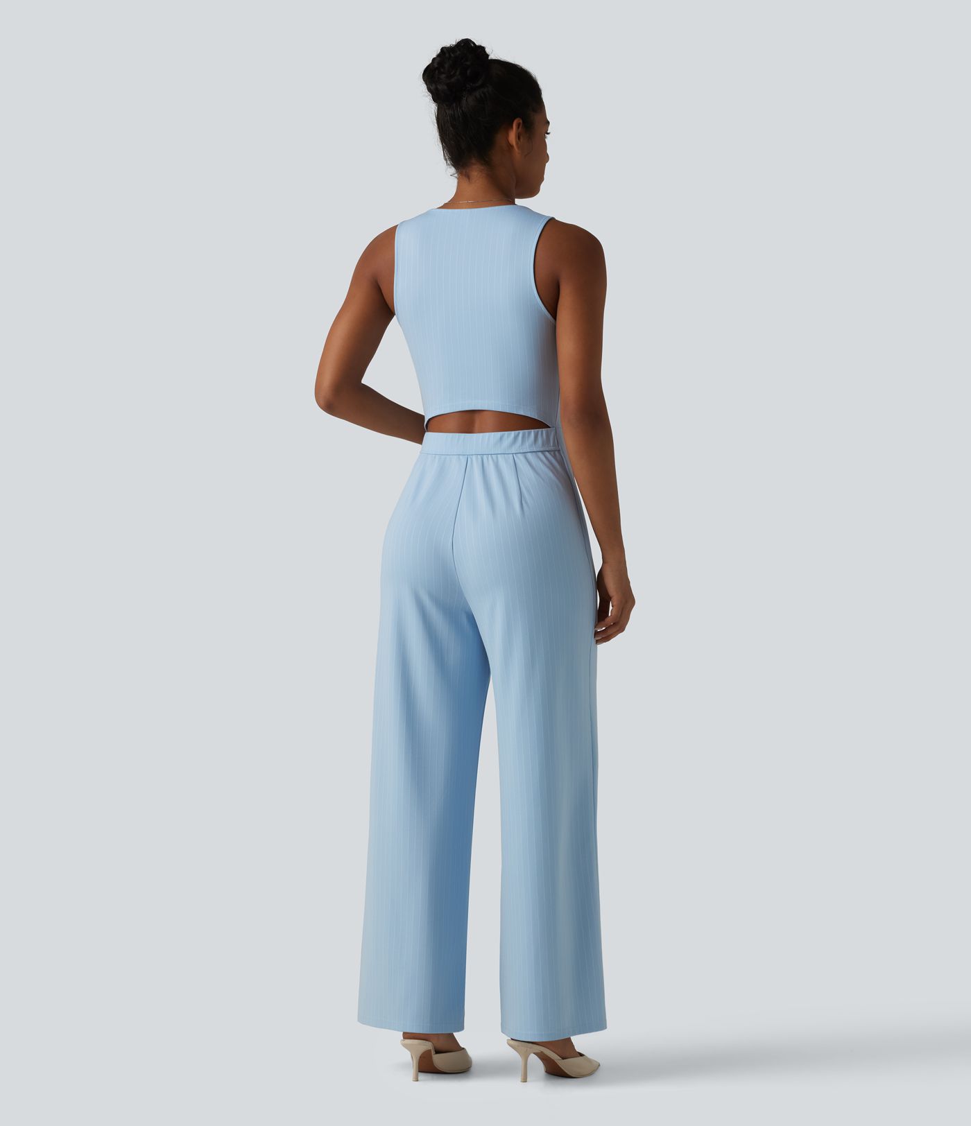 V Neck Sleeveless Cut Out Front Pockets Wide Leg Stripe Cool Touch Work Jumpsuit