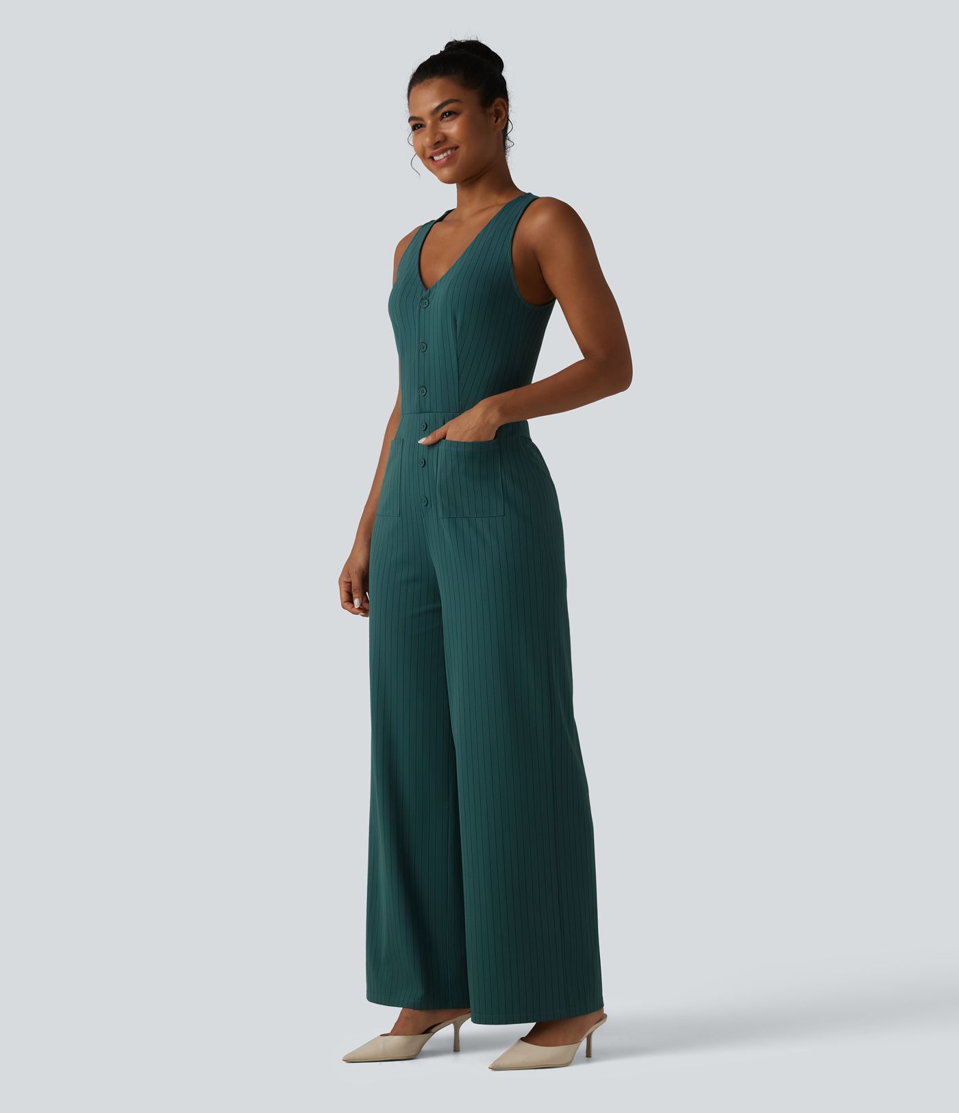V Neck Sleeveless Cut Out Front Pockets Wide Leg Stripe Cool Touch Work Jumpsuit