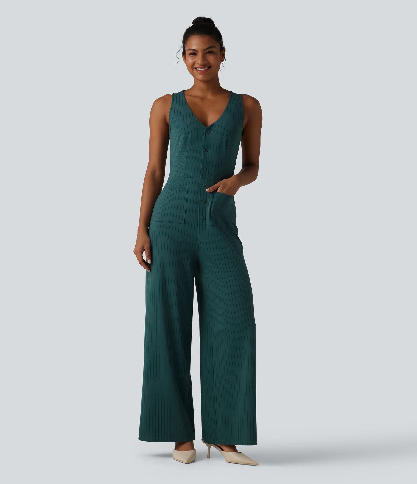 V Neck Sleeveless Cut Out Front Pockets Wide Leg Stripe Cool Touch Work Jumpsuit
